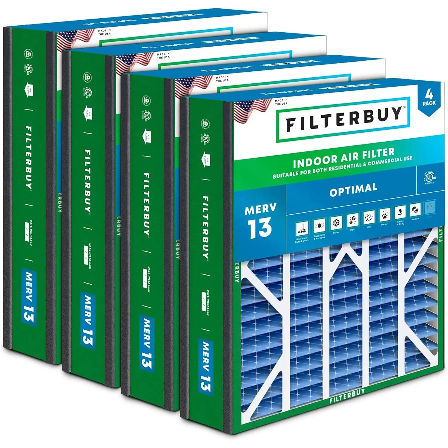 Filterbuy 20x20x5 Air Filter (4-Pack), Pleated MERV 13 Optimal Defense HVAC AC Furnace Air Filters for Trion Air Bear 255649-103 & More