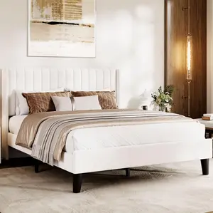 White Full Size Velvet Bed Frame/Vertical Channel Tufted Wingback Headboard/Upholstered Platform Bed/Wood Slats/No Box Spring Needed/Easy Assembly