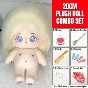 20cm Plush Cotton Doll DIY Set - Complete 7-Piece Set with Bare Doll, Blush Powder, Blush Brush, Comb, 2 Pairs Hair Clips, 8 Elastic Hair Ties & Cute Floral Dress - Kawaii Dress-Up Toy Gift for Girls, DIY Craft Enthusiasts & Doll Collectors