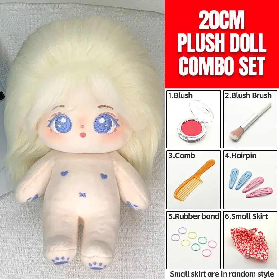 20cm Plush Cotton Doll DIY Set - Complete 7-Piece Set with Bare Doll, Blush Powder, Blush Brush, Comb, 2 Pairs Hair Clips, 8 Elastic Hair Ties, Rubber Band & Cute Floral Dress - Kawaii Dress-Up Toy Gift for Girls, DIY Craft Enthusiasts & Doll Collectors