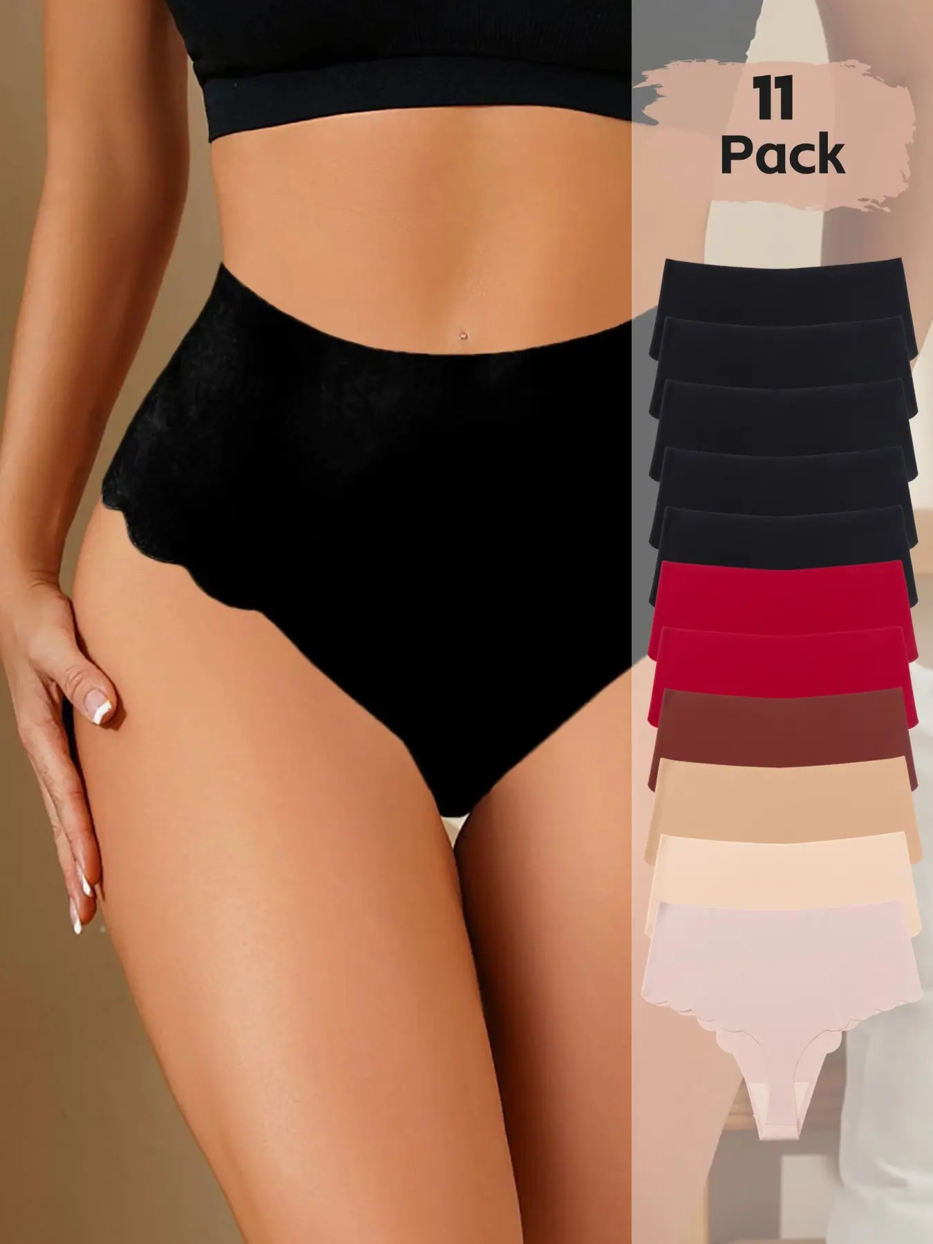 Women's High Waist Wavy Hem Thong Panties, Seamless Garments, Seamless Comfortable Breathable Daily Wear, Basic Versatile Pack of 11, Casual Style