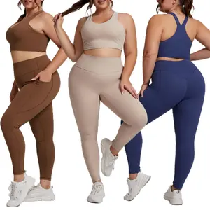 Plus Size Yoga Set - Naked Feel 2-Piece Workout Outfit, High Waist with Pockets