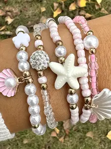 5pcs Metal Multi-Layered Stackable Scallop, Starfish, and Bow Knot Pendant Bracelet Set with Rice Bead Jewelry, Elegant and Stylish, Suitable for Women's Parties, Banquets, and as a Valentine's Day Gift for Friends
