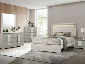 FM7201WH-4PC 4 pc Lincolt white wash / stone grey finish wood LED headboard modern queen bedroom set