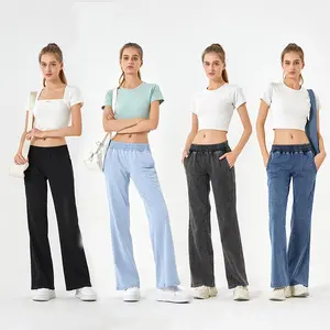 Women's High Waist Elastic Waistband Tencel Denim Wide Leg Pants, Breathable Flared Jeans with Pockets, Casual Streetwear Trousers for Women