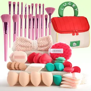25Pcs All-in-One Makeup Brushes Set | Lucky Cute Travel Storage Case + Makeup Sponges + Powder Puffs + Cleaning Sponge + Bow Headband | Professional Soft Synthetic Bristles Cruelty-Free Beauty Cosmetics Tools Kit for Women Girls Makeup Brush Organizer
