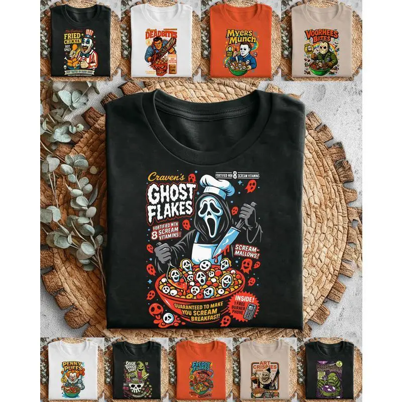Horror Cereal Graphic Streetwear T-Shirt for Women & Men, Soft Heavy Cotton Shortsleeve Top with Round Neck for Halloween, Fit, Casual