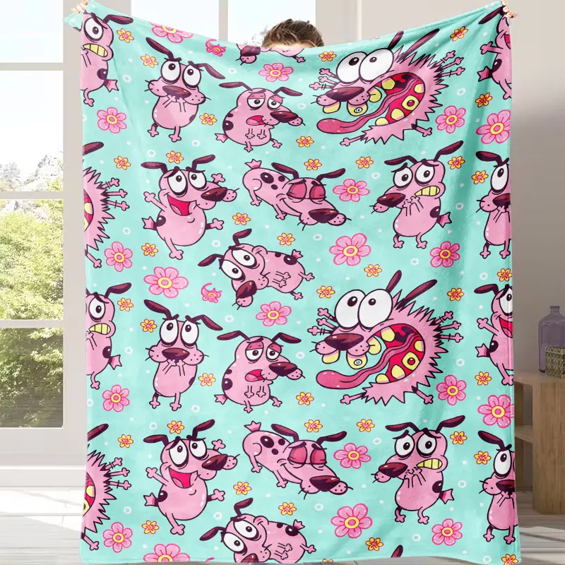 Courage the Cowardly Dog Courage Pink Cartoon Flannel Blanket - Animal Character Figures Blanket, Cozy Aesthetic, Soft, Funny, Lightweight, Portable Sofa Cover, All-Season Textile Throw, Birthday Gift