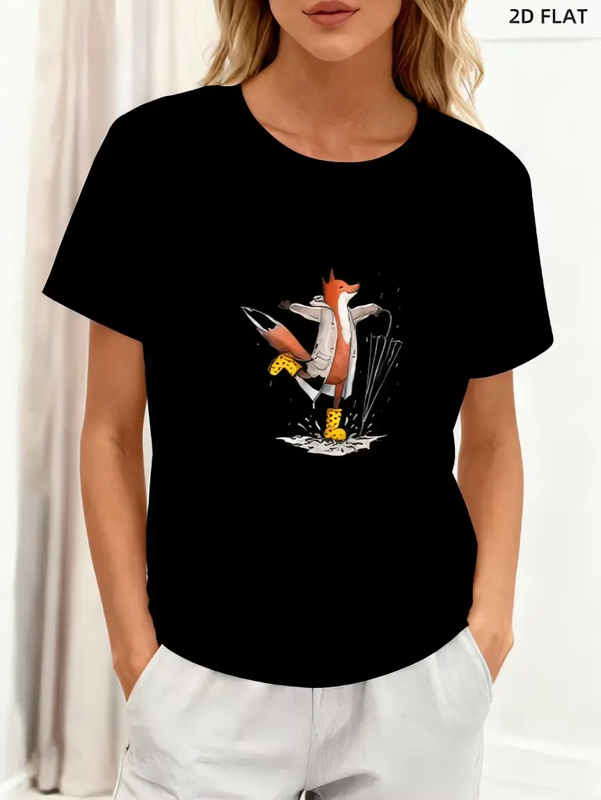 2D Flat Fox T-Shirt - Black Short Sleeve Crew Neck with Fox Design, Casual Style for Everyday Wear
