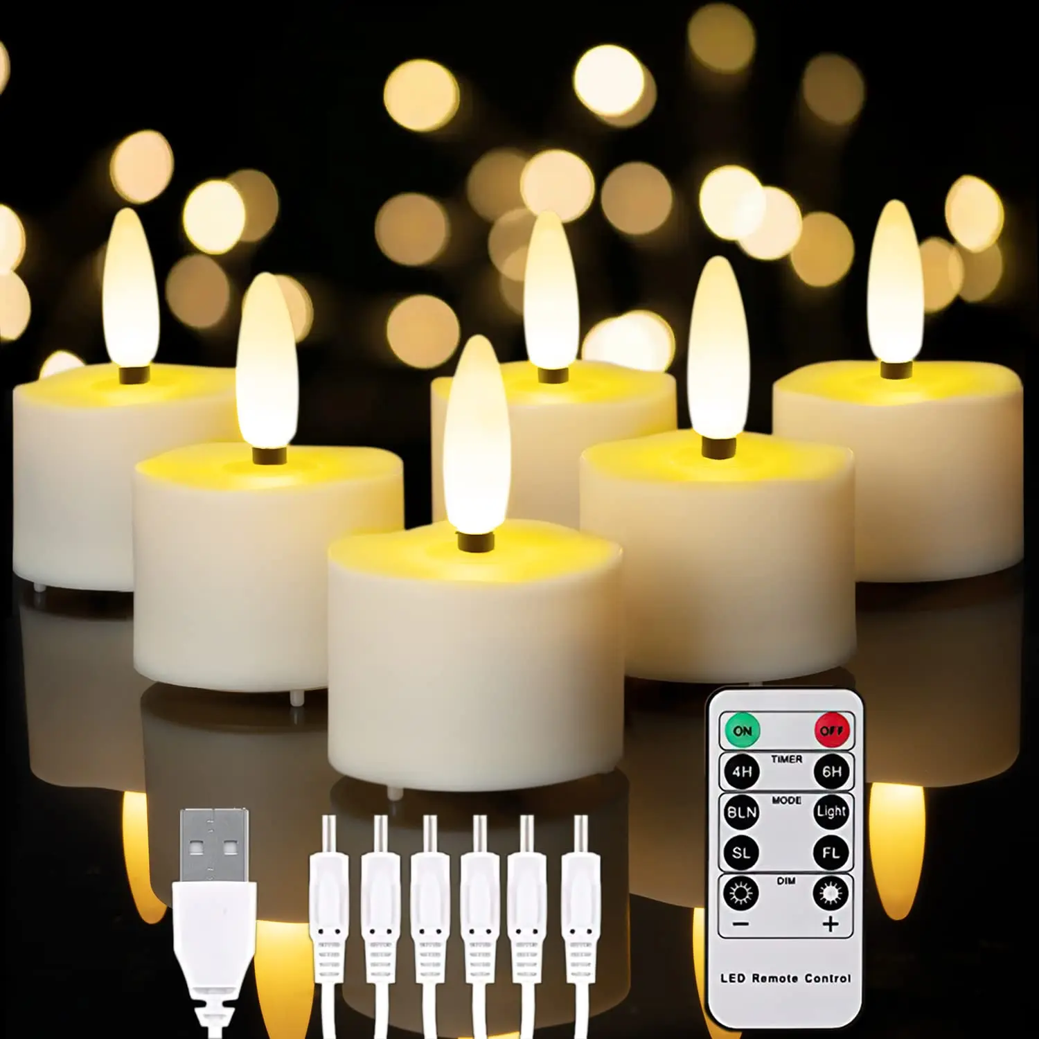 Flameless Rechargeable LED Tea Lights with Remote Timer - 6-Pack, USB Charging, Realistic Flickering, Lighting Modes Adjustable, Mood Decorative Lights for Home Holiday, Wedding Table Centerpieces (1.5''×2.33'')