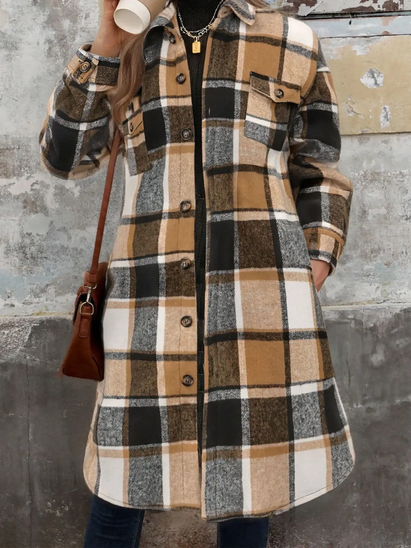 Women's Plaid Print Button Front Drop Shoulder Fitted Coat Jacket, Casual Long Sleeve Collared Outerwear for Fall & Winter, Ladies Clothes Womenswear for Daily Wear