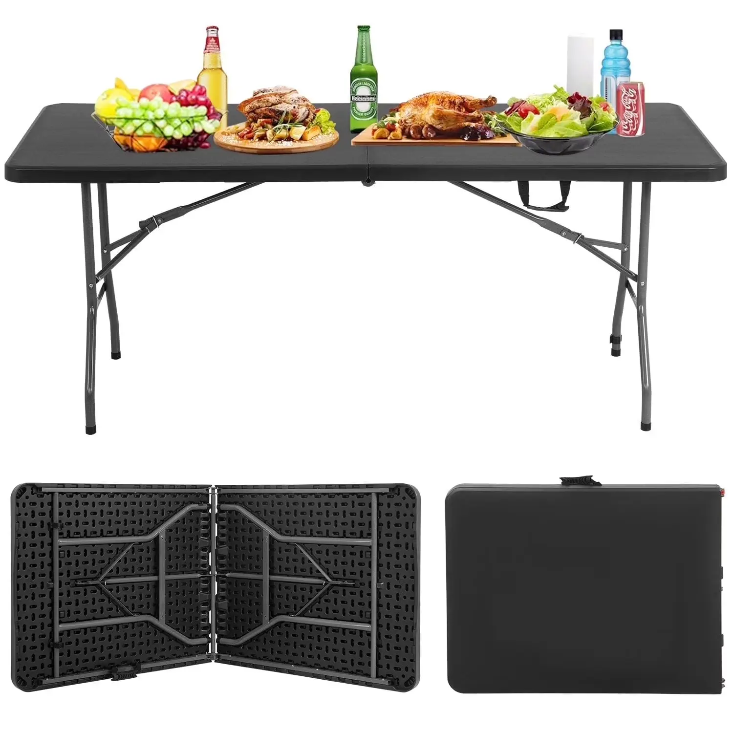 6ft Folding Table Portable Plastic Indoor Outdoor Camping Dining Table with Carrying Handle, Black