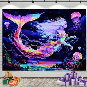 1pc Luminous Mermaid Tapestry, UV Reactive Galaxy & Jellyfish Wall Hanging, Glow in the Dark Polyester Decor for Birthday, Bachelor Party, Multipurpose Room Decoration Without Electricity