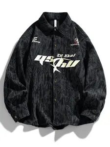 Shirt Jacket For Men American Vintage Casual Fashion Racing Style Letter Print Trendy Top