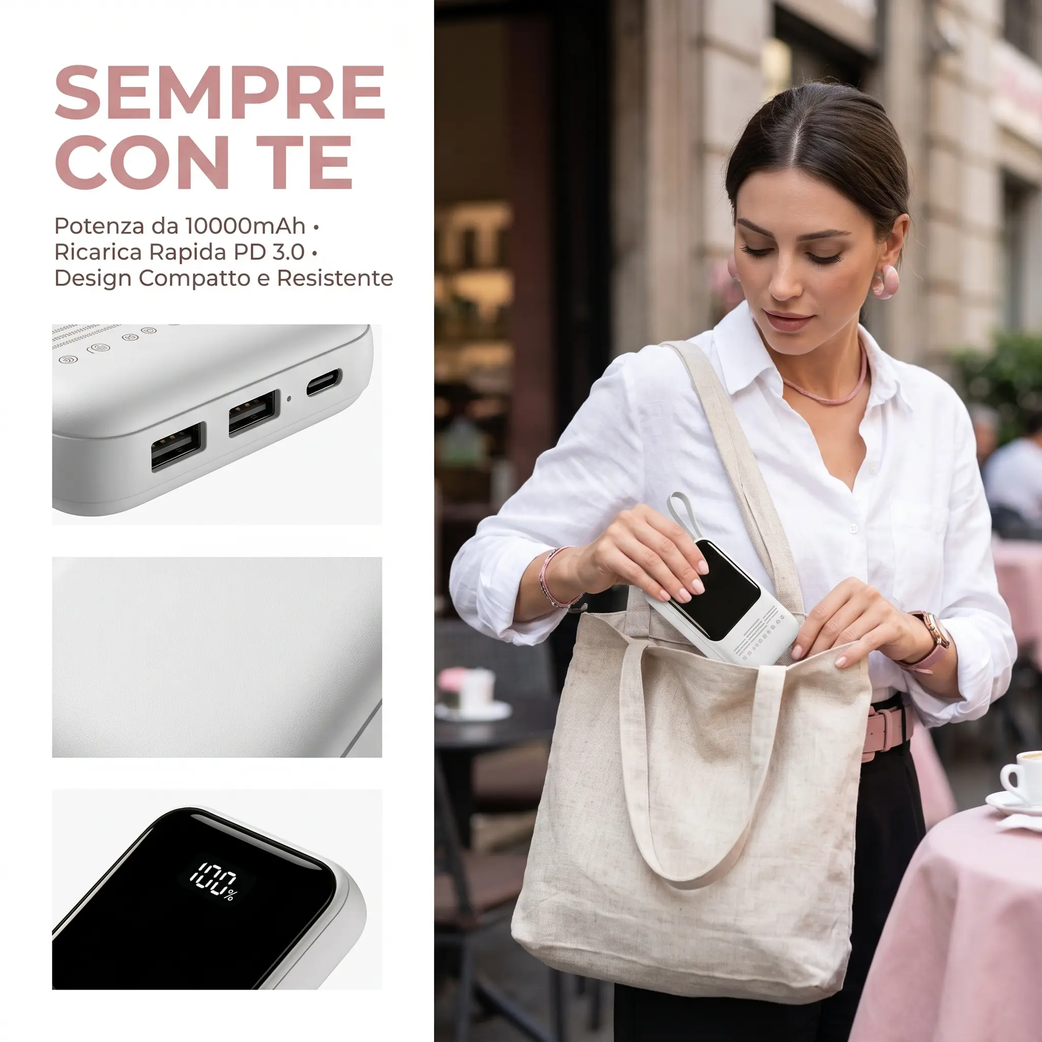 10000mAh Portable Power Bank with Built-in 3 Cables, 22.5W PD Fast Charging Digital Display External Battery Pack, Mini Lightweight Travel Charger for iPhone Android Phone