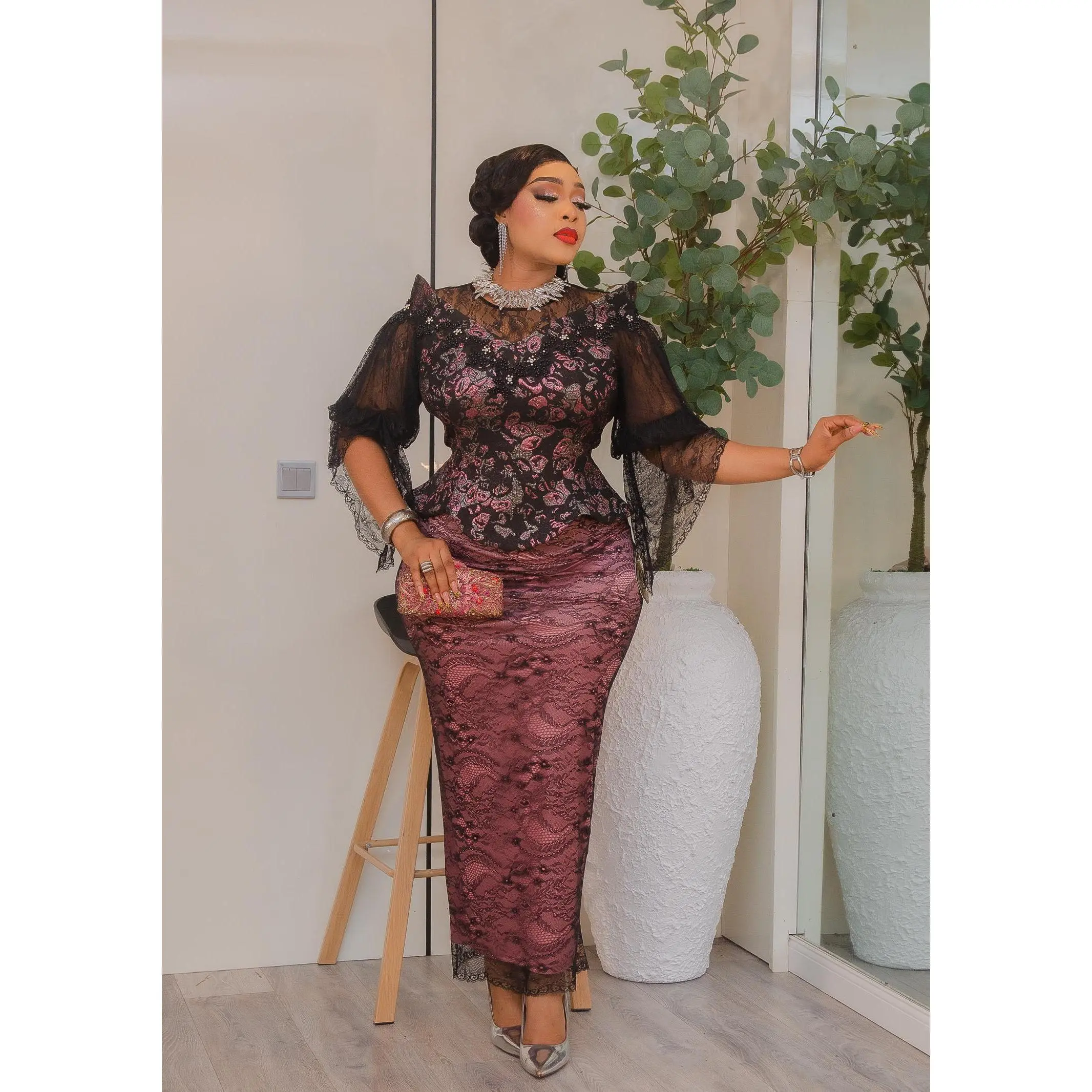 Black Brocade Beaded Peplum Skirt Set, Birthday Celebrant Party 2-Piece Outfit, Cocktail Wedding Guest Mother of The Bride