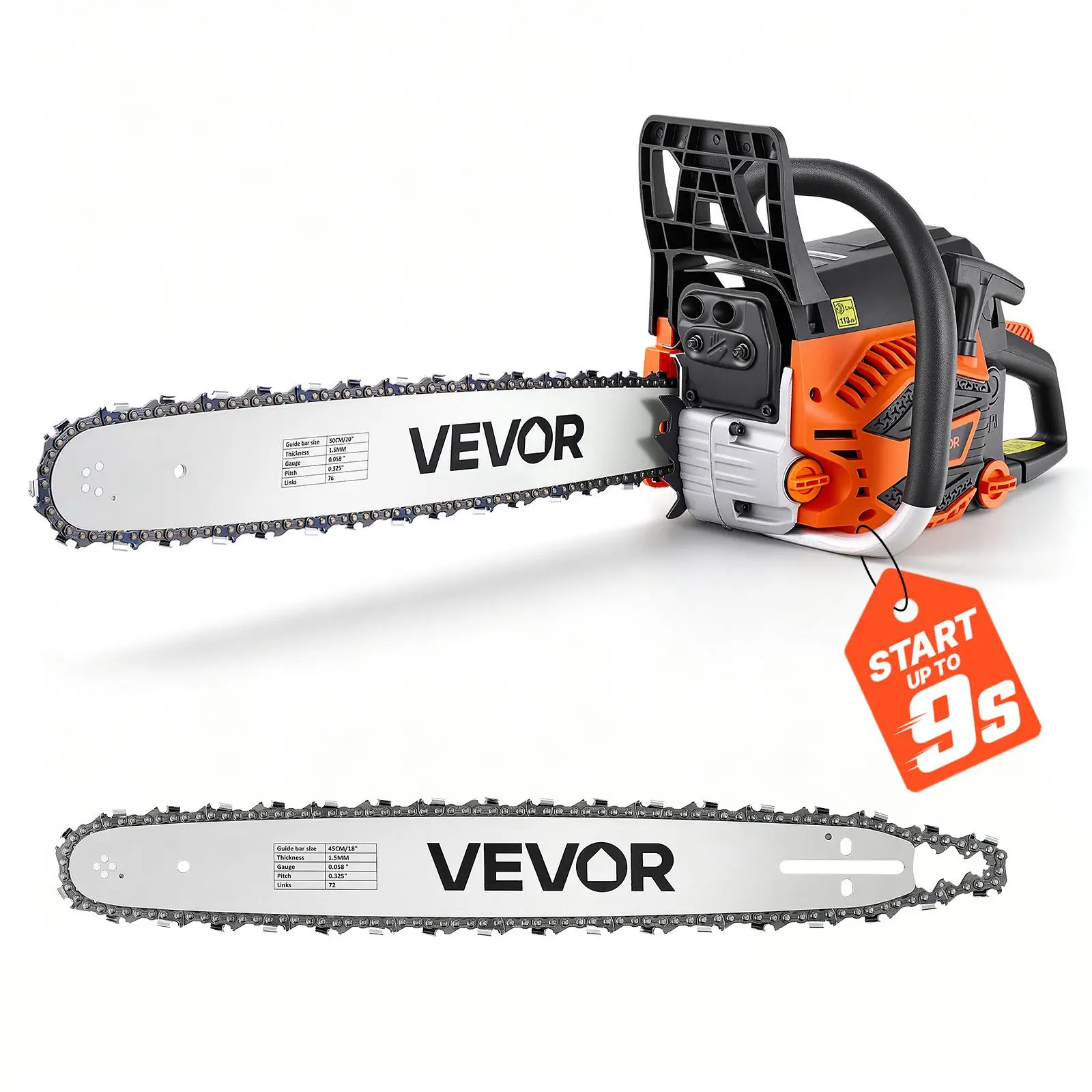 VEVOR Gas Powered Chainsaw with Metal Chains, 18-20 Inch 58CC Engine Wood Cutting Tool, 3.22 HP Power 2-Stroke Saw with Throttle-Sync Choke, Non-Slip Handle & Dual Tanks for Tree Trimming, Land Clearing