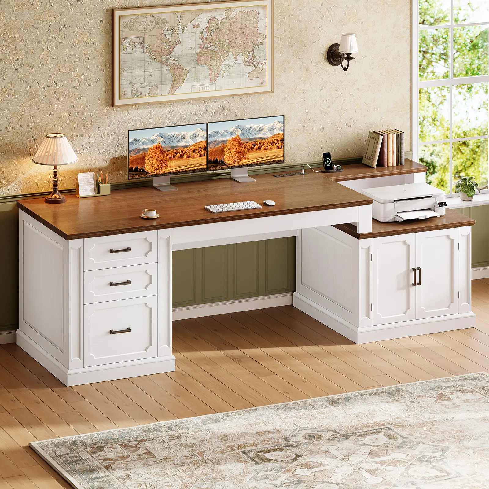 Sedeta 70.9" Vintage Farmhouse Executive Office Desk - Quality Materials, Distressed Techniques, Wood Grain, Built-in USB Outlet, Large File Cabinet, Smooth Sliding Drawers, Storage Cabinet, Ample Storage, Modern Home Office Use, Assembly Required