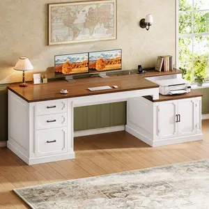 SEDETA Farmhouse 70.9" Executive Desk, Home Office Desk with File Drawers and Storage Cabinet, Computer Desk with Power Outlet for Home Office, Work Study Writing