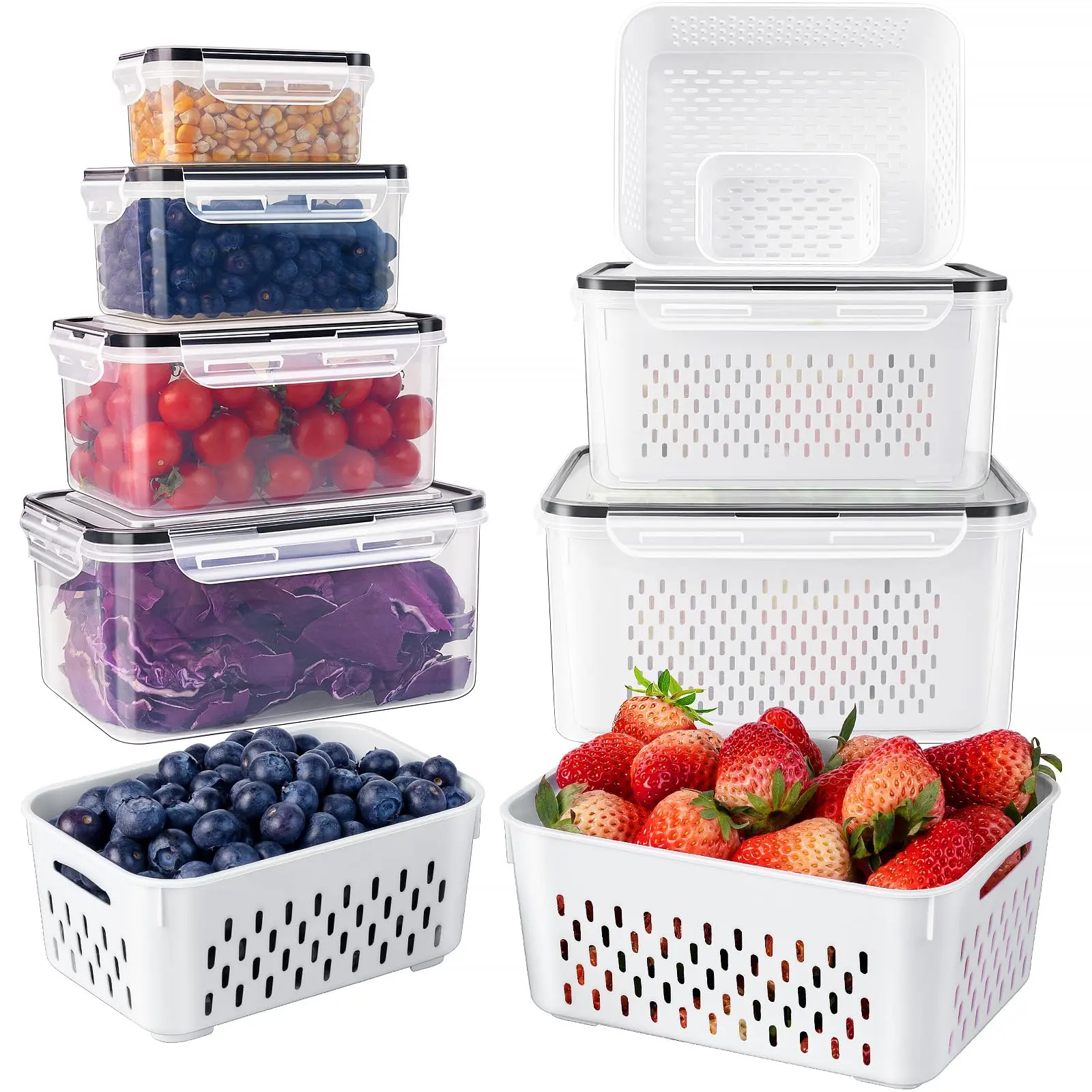 8pcs Fridge Organizers and Storage Stackable Fruit Storage Container for Fridge with Removable Colander, BPA-Free Food Storage Container for Salad Berry Vegetable Meat Keeper Fresh Containers, Kitchen, Utensils,summerwins