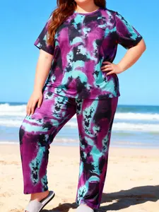 Plus Size Casual Women's Pajamas Set Elegant Tie-Dye Short-Sleeve T-shirt & Pants 2-Piece Loungewear Nightwear Matching Pajamas Pjs Pyjamas for Comfortable Sleep
