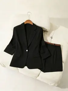 Two piece set of women's casual and fashionable suit shorts set, waist cinched mini suit+shorts two-piece temperament commuting set, suitable for all seasons, suitable for home, indoor, outdoor wear