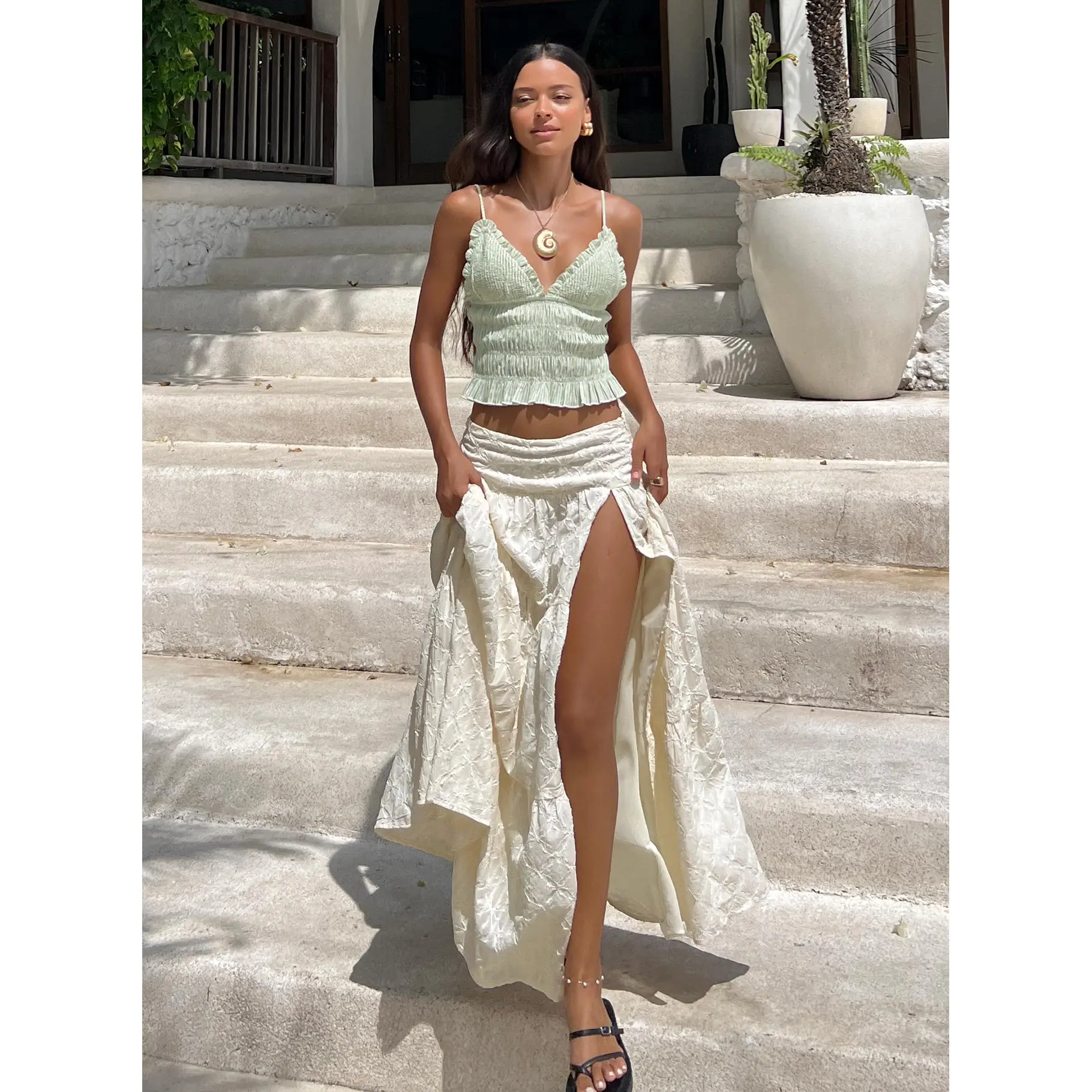 Silver Soul Embroidered Maxi Skirt Cream
