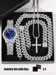 Luxury Punk Watch Set with Necklace Bracelet Cross Pendant, Analog Quartz Movement, Adjustable Strap, Unisex Gift Box for All Seasons, Fashionable Jewelry Set