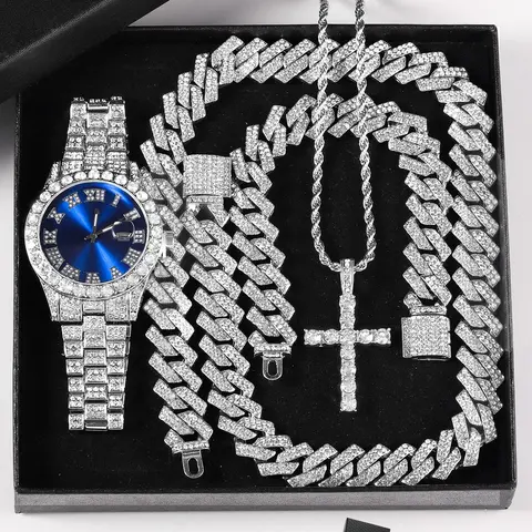 Luxury Punk with Necklace Bracelet Cross Pendant, Analog Quartz Movement, Adjustable Strap, Unisex Gift Box for All Seasons, Fashionable Jewelry Set, Bling Matching Set
