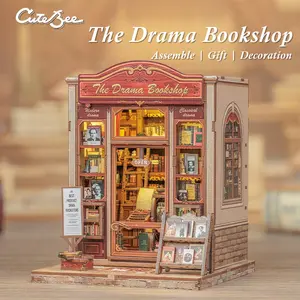 CUTEBEE DIY 3D Dollhouse Kit The Drama Bookshop Miniature Wooden Room with Furniture and Dust Cover Handmade Creative Toy for Teens and Adults Holiday Christmas and Black Friday Gift Home Decor
