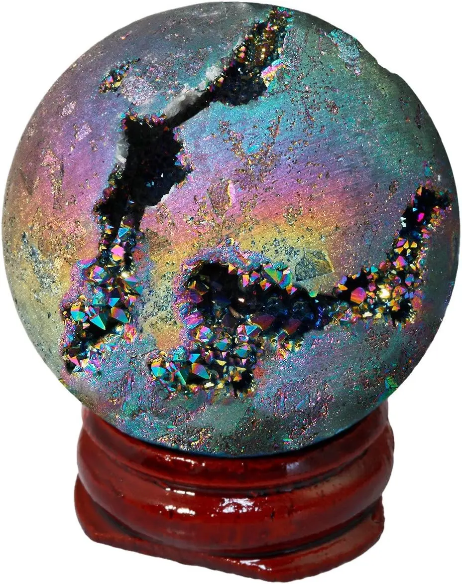 SUNYIK Rainbow Titanium Coated Druzy Geode Sphere Ball,Crystal Quartz Agate Ball,Healing Sculpture Figurine for Easter Day