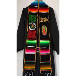 2026 Virgen Black Mexico Floral w gold finish - Black Graduation Stole Sarape Sash IN STOCK