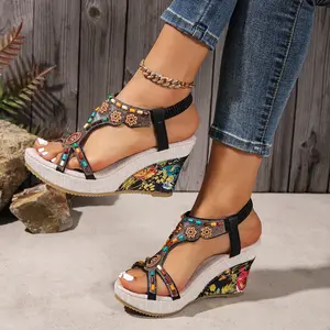 Summer New Floral Wedge Sandals with Beaded Woven Decor, Slip-On Open Toe Wedges - Fashionable Versatile Elegant Temperament Novelty Beautiful Women's Wedged Heels