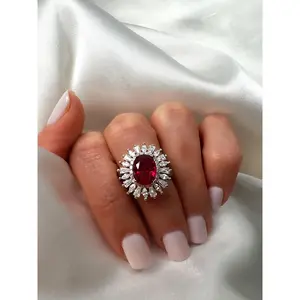 2Ct Oval Cut Ruby Sterling Silver Halo Ring, Size 6.5