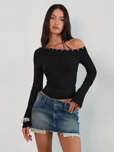 Women's Long Sleeve off Shoulder Top, Casual Knitted Fabric, Perfect for Spring & Fall Seasons, Stylish Design for Daily Wear