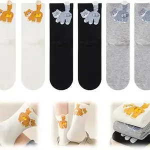 3 Pairs Cute Cotton Cat Socks with Balls Soft Comfy Fit All Seasons Christmas Gifts Stocking Stuffers Funny Socks cuff Halloween Face Embroidered socks pink