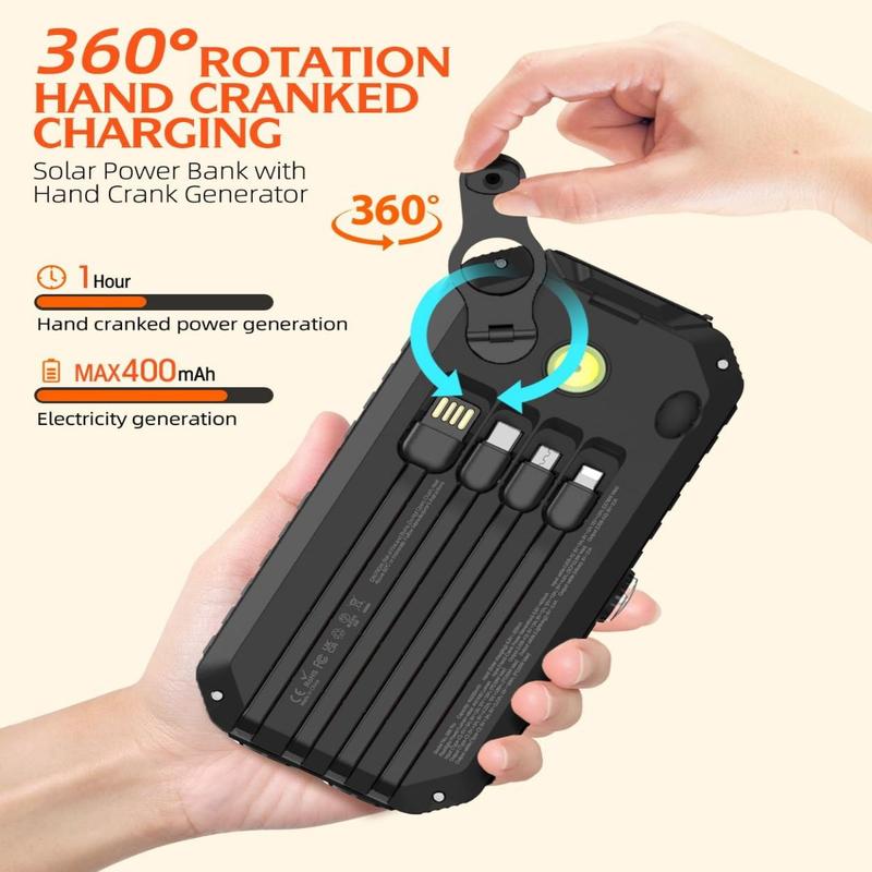 Solar Charger Power Bank 40000mAh Built in 4 Cables and Hand Crank, Portable Charger 22.5W Fast Charger 6 Outputs & 4 Inputs External Battery Pack with Bright Flashlight and Compass Solar Charger Power Bank 40000mAh Built in 4 Cables and Hand Crank, Portable Charger 22.5W Fast Charger 6 Outputs & 4 Inputs External Battery Pack with Bright Flashlight and Compass