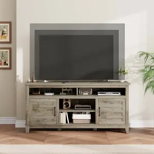 62.5" Farmhouse TV Stand for TVs Up to 70", Rustic Media Console with Adjustable Shelves & Cabinet Doors, Entertainment Center for Living Room/Bedroom, Gray