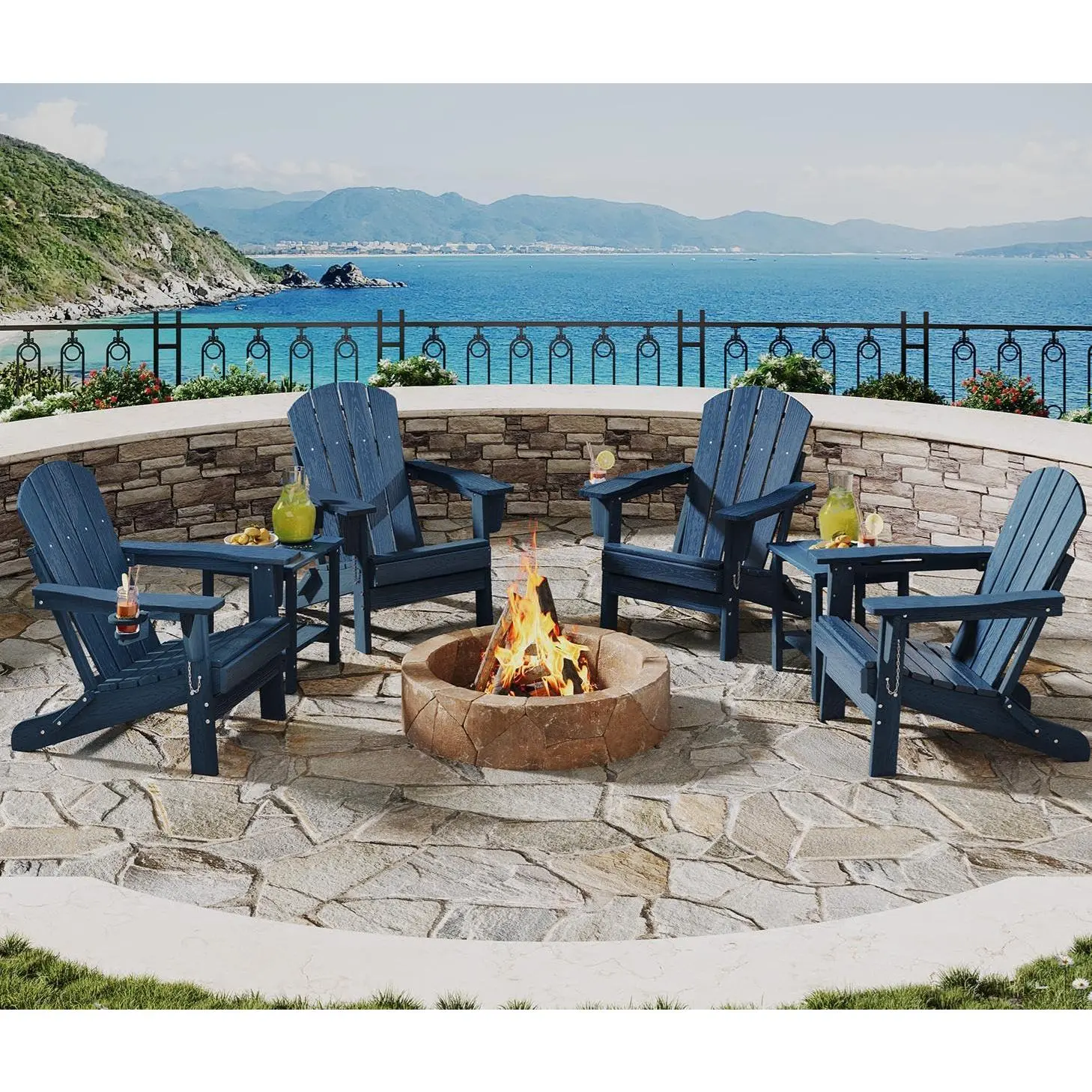 Gaomon 4-Piece Folding Adirondack Chair Outdoor Furniture Set, Sturdy Waterproof All-Weather HDPE Plastic Chairs with 2 Side Tables, Wood Grain Texture, Cup Holder, Wide Arms, Ergonomic Design, 380lb Capacity, Assembly Required for Gardens, Decks, Outdoor