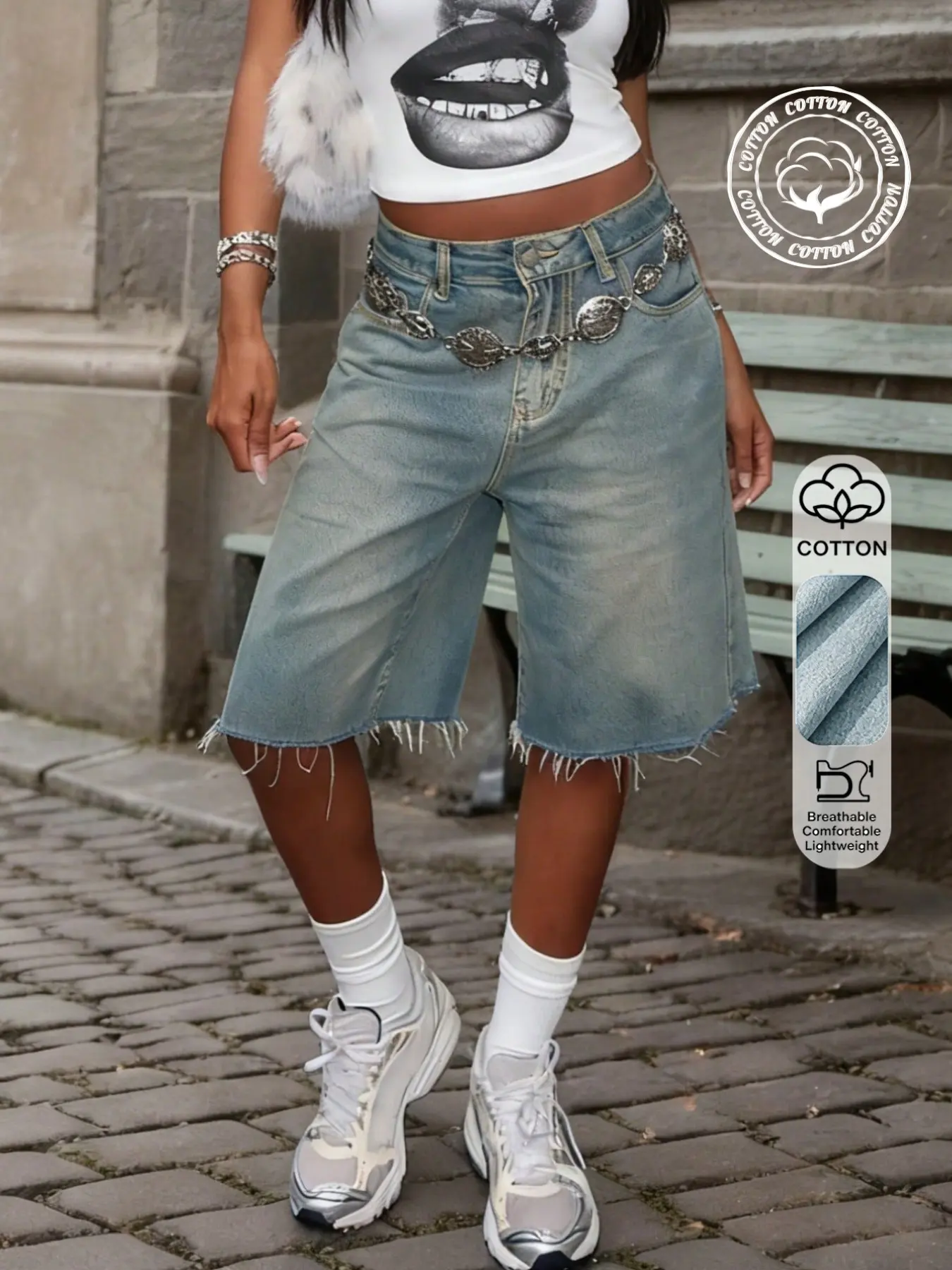 Y2K Wide Leg Light Wash Washed Denim Shorts, Casual Fashionable Shorts, Trendy Chic Frayed Edge Ripped Design, Comfortable Slim Fit, Casual Fashion, Perfect for Everyday Wear Women