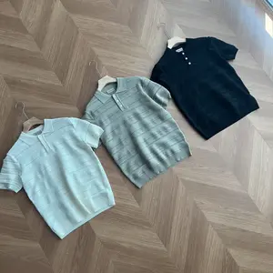 Men's Casual Striped Polo Shirt Summer Knitted Loose All-Match Men's Top in Mint & Navy Blue Colors