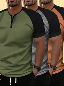Men’s three-piece set: short-sleeve Henley T-shirt, Henley top, casual slim-fit lightweight buttoned T-shirt made from stretchy cotton fabric; streetwear style with a button front and crew neck shirt.