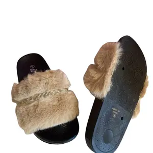 Slippers dd Lucita Camel Faux Fur Bling Flip-Flops Women Slides sizes 5-10