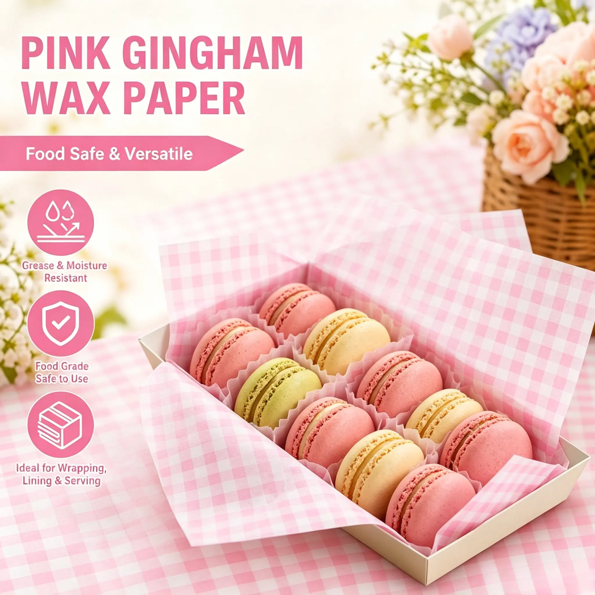300Pcs Pink Gingham Waxed Deli Paper Sheets – 7x7 Inch Waterproof Food Wrapping Paper, Disposable Basket Liners for Sandwiches, Burgers, Memorial Day, BBQ, Picnic & Holiday Party Treats – Cute Aesthetic TikTok Viral Kitchen Essential