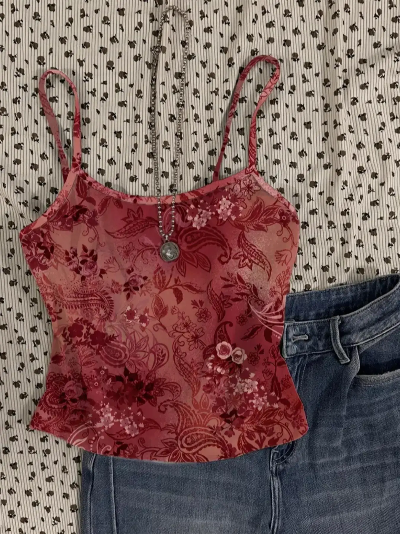 Women's Floral/ Bow Print Crop Cami Top, Y2K Top for Summer, Ladies Clothes for Daily Wear, Cropped Tank Top, Fitted Tank, Camisole Tops