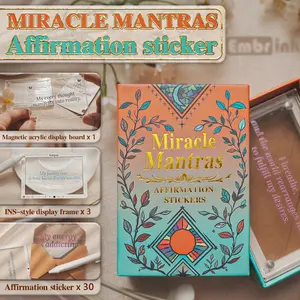 Miracle Mantras Affirmation Sticker Set – 30 Positive Quote Stickers + 3 INS Photo Frames + Magnetic Acrylic Display Board | Aesthetic Desk Decor, Vision Board Kit, Daily Motivation Cards for Self Love, Manifestation & Gift Ideas