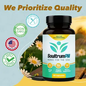 Soultrum PM – Natural Sleep Aid - Nighttime Sleeping Supplement with Melatonin 3mg, L Theanine 200mg, Vitamin B6 5mg,  Glycinate 11mg, Ashwagandha, Chamomile, Valerian Root, Passionflower & Magnesium Glycinate. Dietary Muscle Capsule