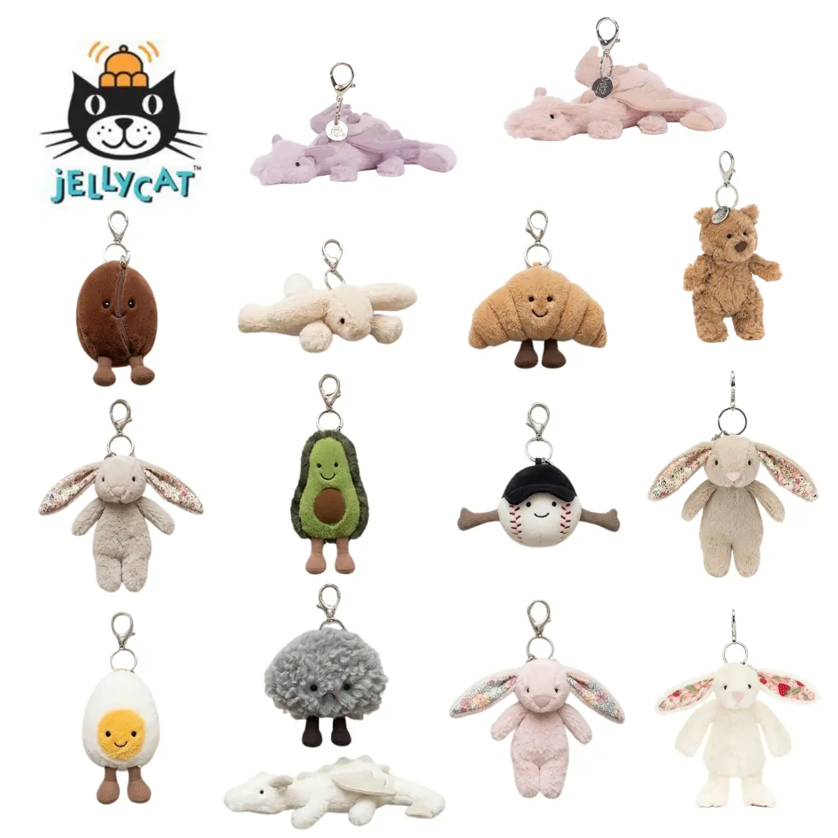 Jellycat Collectible Plush Keychain - Cute Animal or Food-Themed Soft Charm, Hanging Pendant for Backpacks, Car Keys Gift