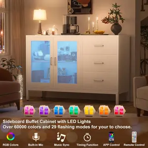 Unikito 45.27'' Coffee Wine Bar Cabinet with LED Light, Sideboard with 3 Drawers, Adjustable Shelf, RGB LED Light, Charging Station