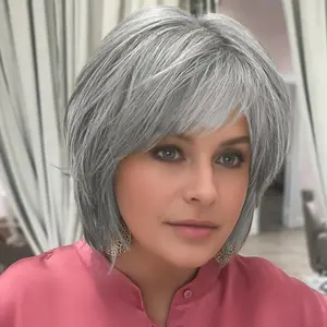 2025 Wholesale Arrivals ArrivalsBrazilian Remy Hair Wig -6-inch Short Straight Layer Grey Non Glue Wig, Density 150%, Rose Mesh Hat |   Natural Appearance Elegant Grey Female Role Playing Wig Suitfor Parties and Mother's Day Gifts - High Temperature Resis
